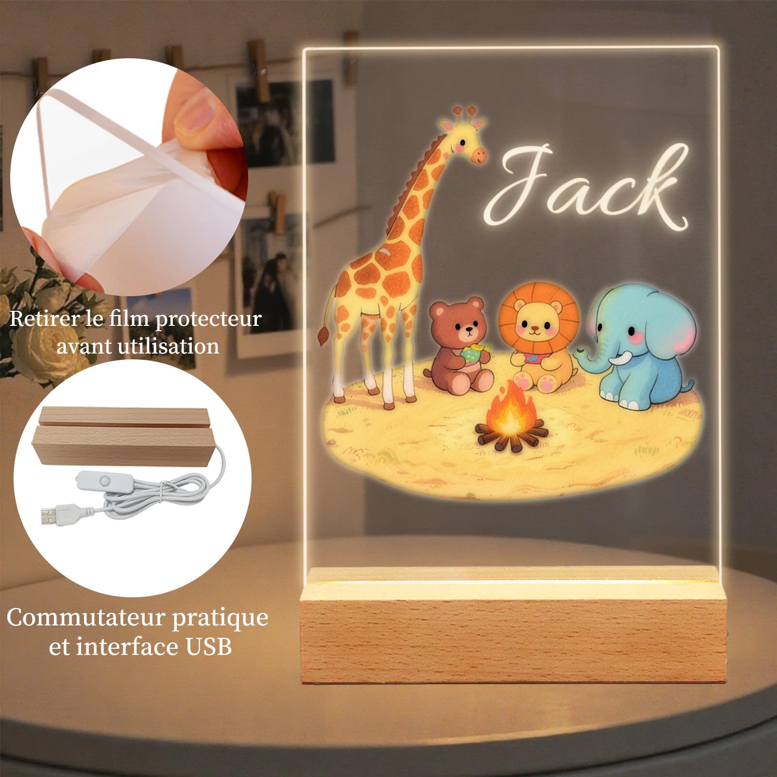 Cadeau Bébé Personnalisé, Lampe de Chevet Personnalisée pour Chambre d’Enfant, Souvenir de Baptême,Cadeau de Noël et Fête pour Enfants