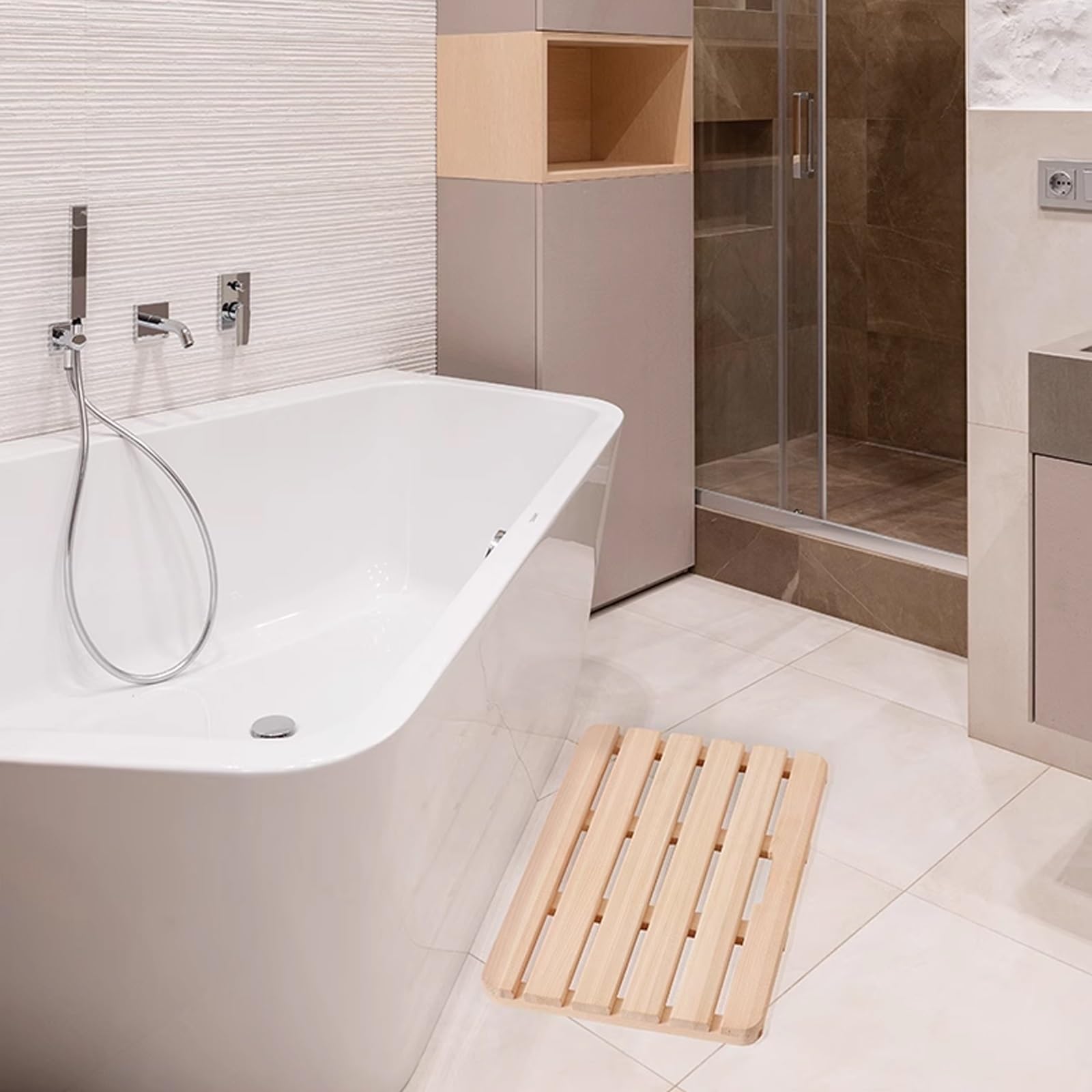 Caillebotis Douche，caillebotis pour Sauna, Tapis de Bain en Bambou,Douche, intérieur & extérieur，caillebotis Bois，Tapis Salle de Bain Bambou， pour Baignoire, Porte, Spa(W50xL60cm/W20xL24in)