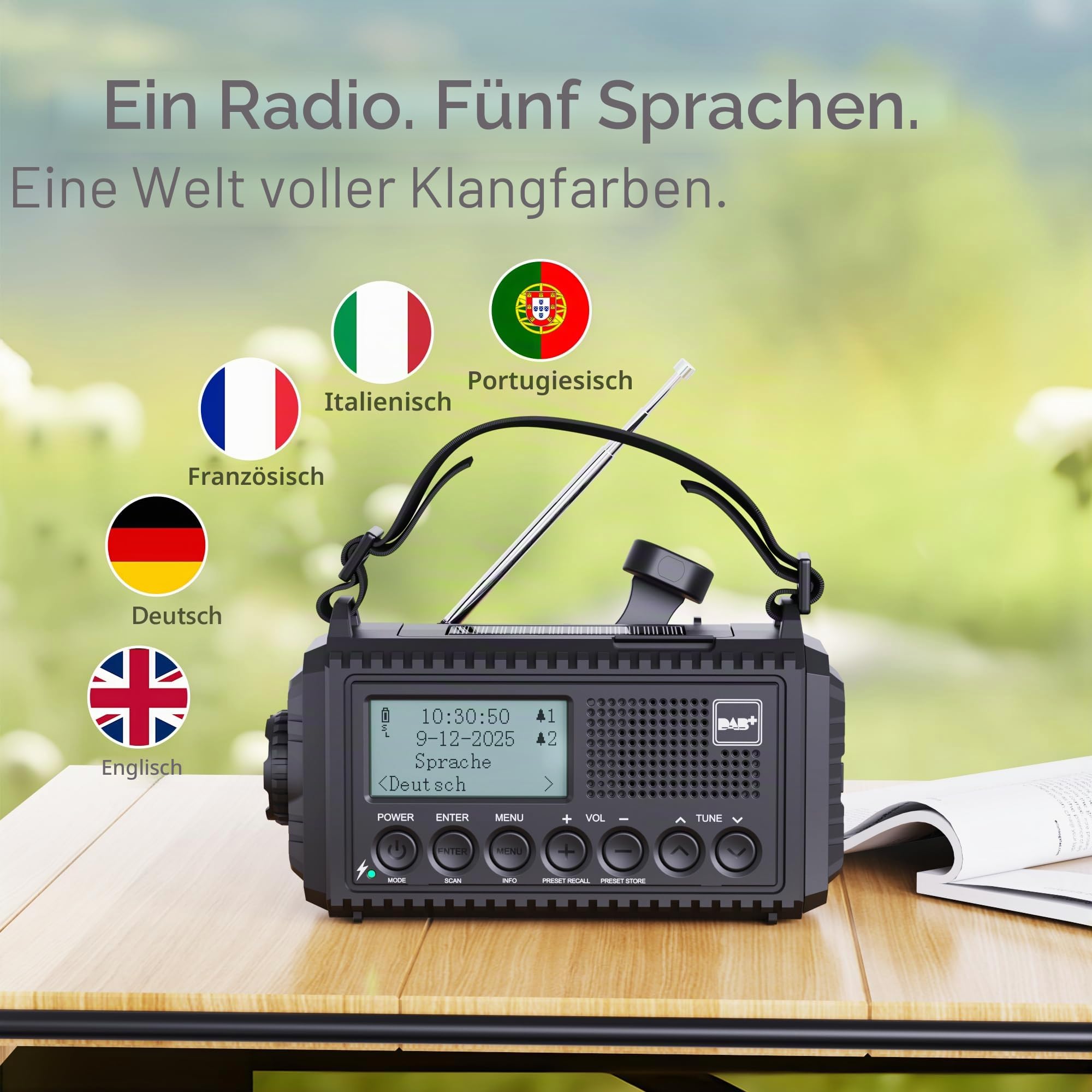 DAB/DAB+/UKW Digitalradio mit Eingebaute 5000mAh Akku Solar Radio Notfallradio mit USB Handyladefunktion Camping Radio mit LED Taschenlampe Leselampe SOS Alarm Tragbares Kurbelradio für Outdoor