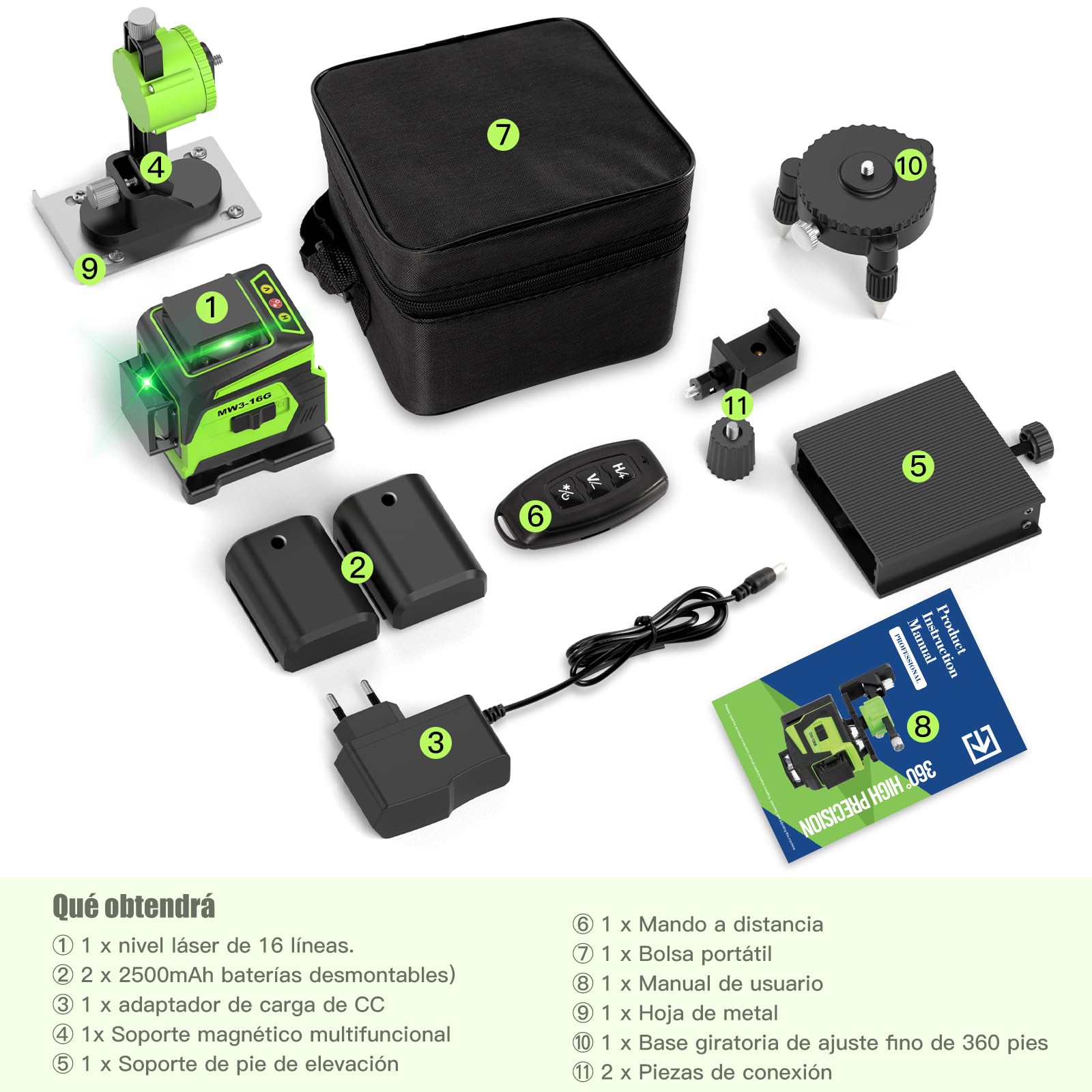 Nivel Laser Autonivelante 360 Grados, Nivel Láser Verde 16 Líneas, 2 x 360 Horizontal y 2 x 360 Verticales, 2 x Batería, Montaje en Pared, Control Remoto, Base Magnética, Soporte Giratorio