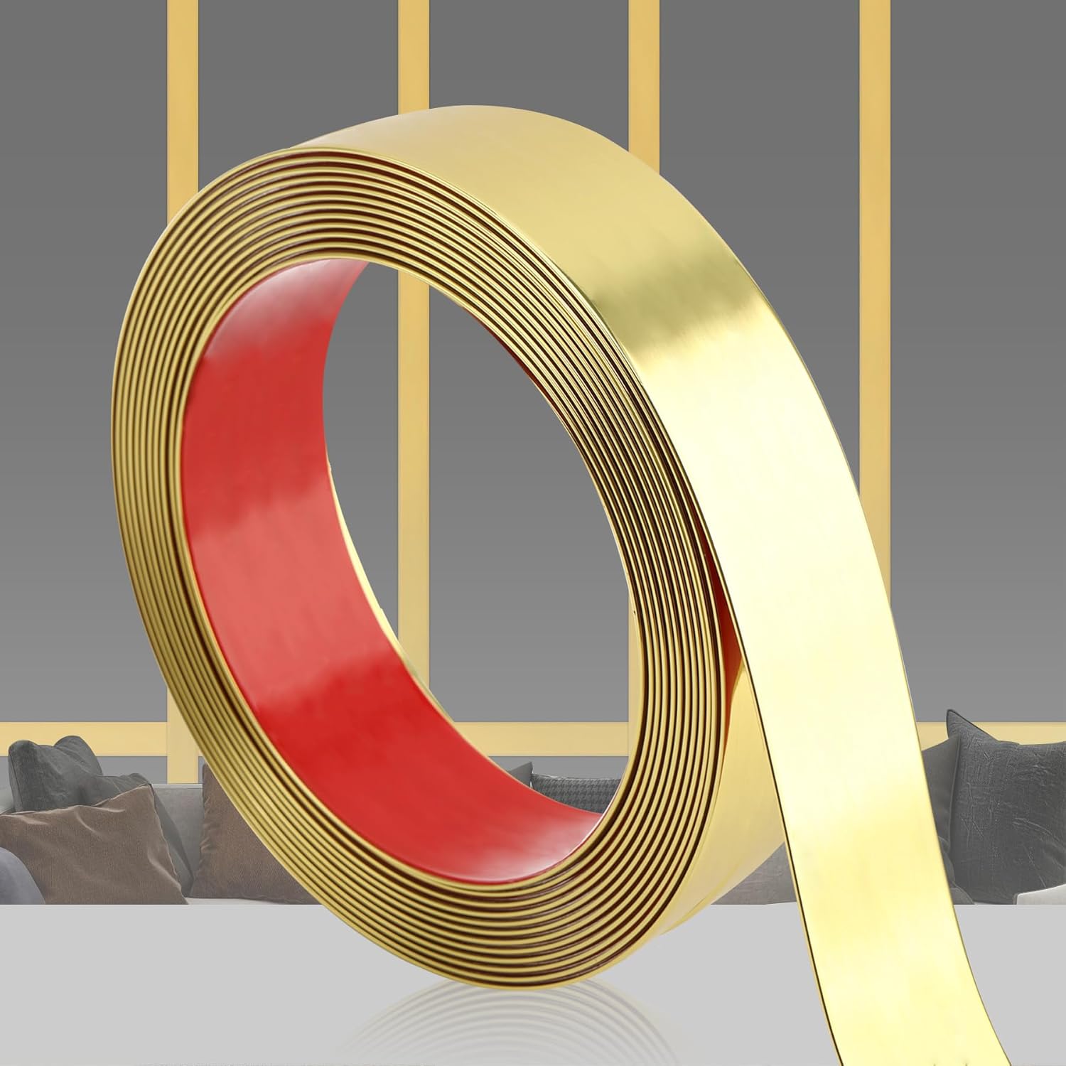 Glossy Gold Peel and Stick PVC Molding Trim, Flexible DIY Wall Accent Strip for Mirror Frame, Cabinet, Edges & Borders and Tiles (197''L x 1.6''W)