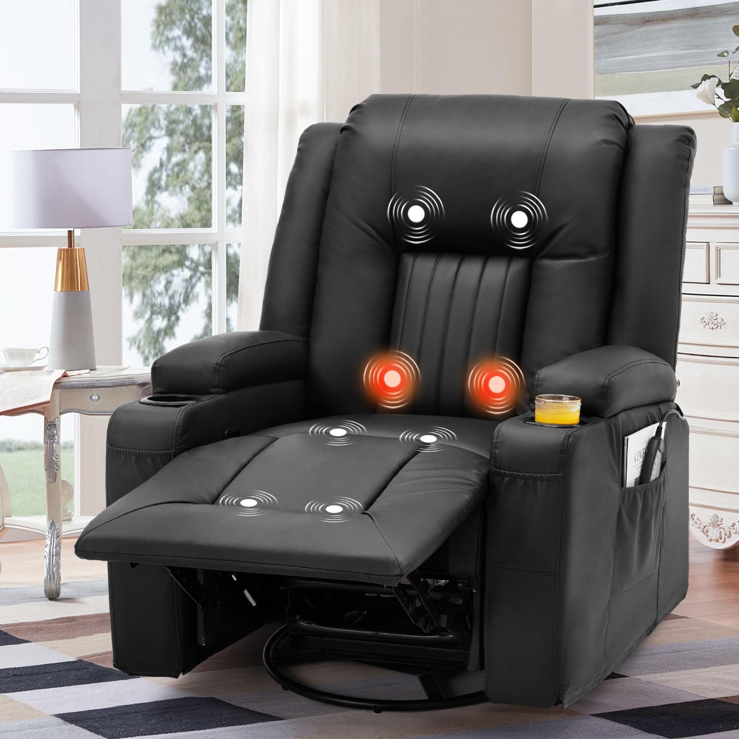 YODOLLA Massage Manual Recliner Chair with Heat, Leather Rocking Recliner Swivel Wall Hugger Recliners Lazy Boy Recliner Chair w/ 2Side Pockages, 2 Cup Holders for Living Room, RV, Black, 1