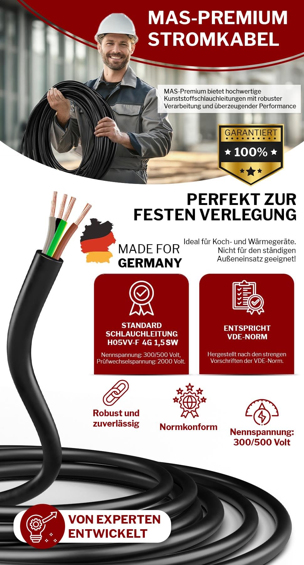 MAS Premium Przewód węża z tworzywa sztucznego H05VV-F 2, 3, 4 lub 5 x 0,75; x1; x1,5 lub x2,5 elastyczny przewód, kabel do urządzeń (H05VV-F 4G1,5SW, 30 m)