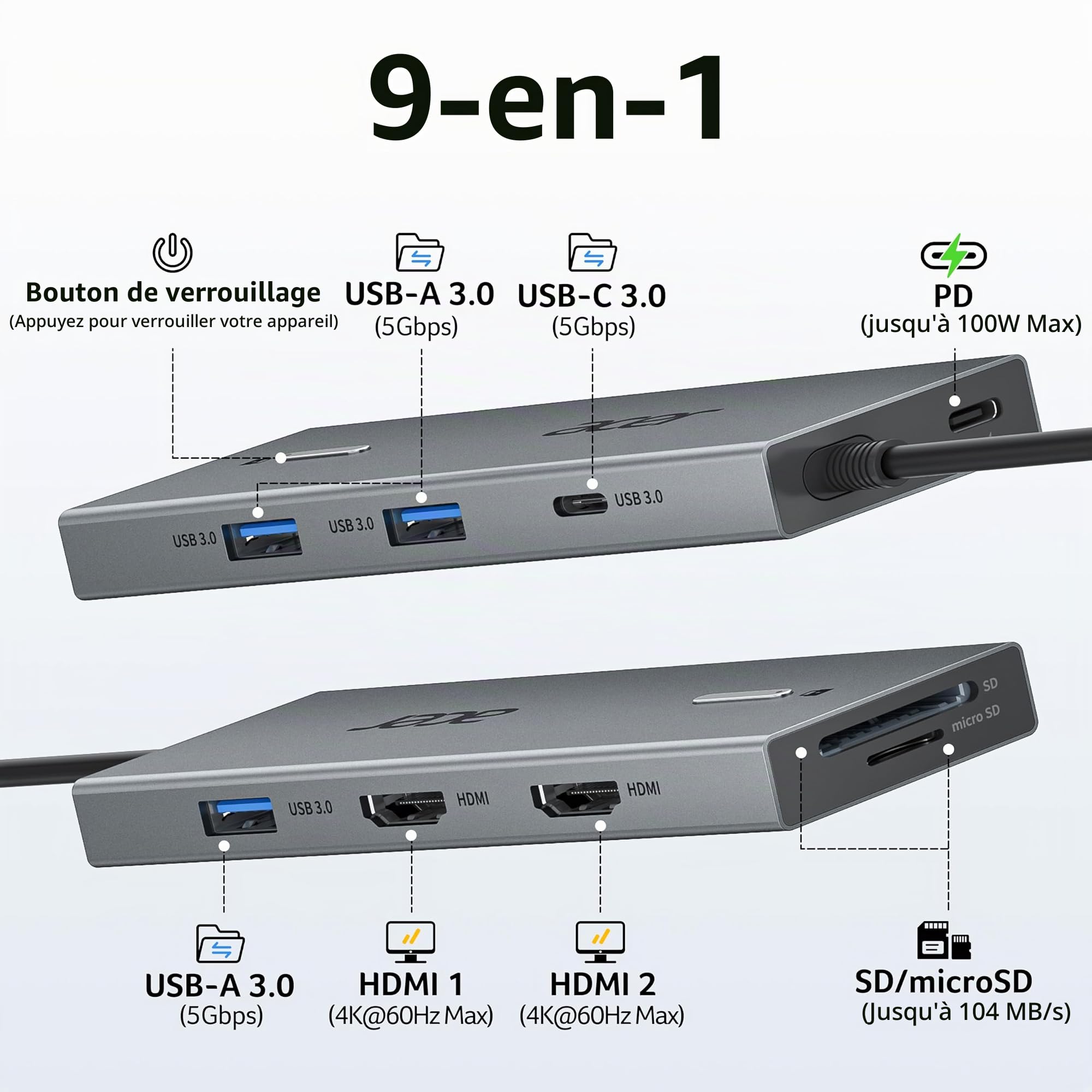 Acer Station d'accueil Dual HDMI 9 en 1, Hub USB C vers HDMI 4K@60Hz | USB A&C 5Gbps, PD 100W, Lecteur de Cartes SD/TF, USB C Docking Station pour 2 écrans, Idéale pour l'Usage à la Maison, Bureau