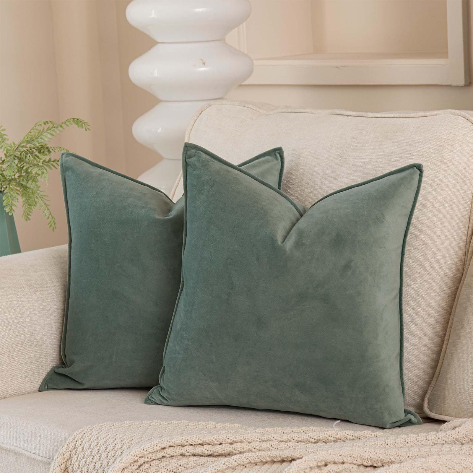 JUSPURBET Sage Decorative Velvet Throw Pillow Covers 20x20 inch Set of 2,Broadside Soft Cushion Case with Invisible Zipper for Sofa Couch Bed