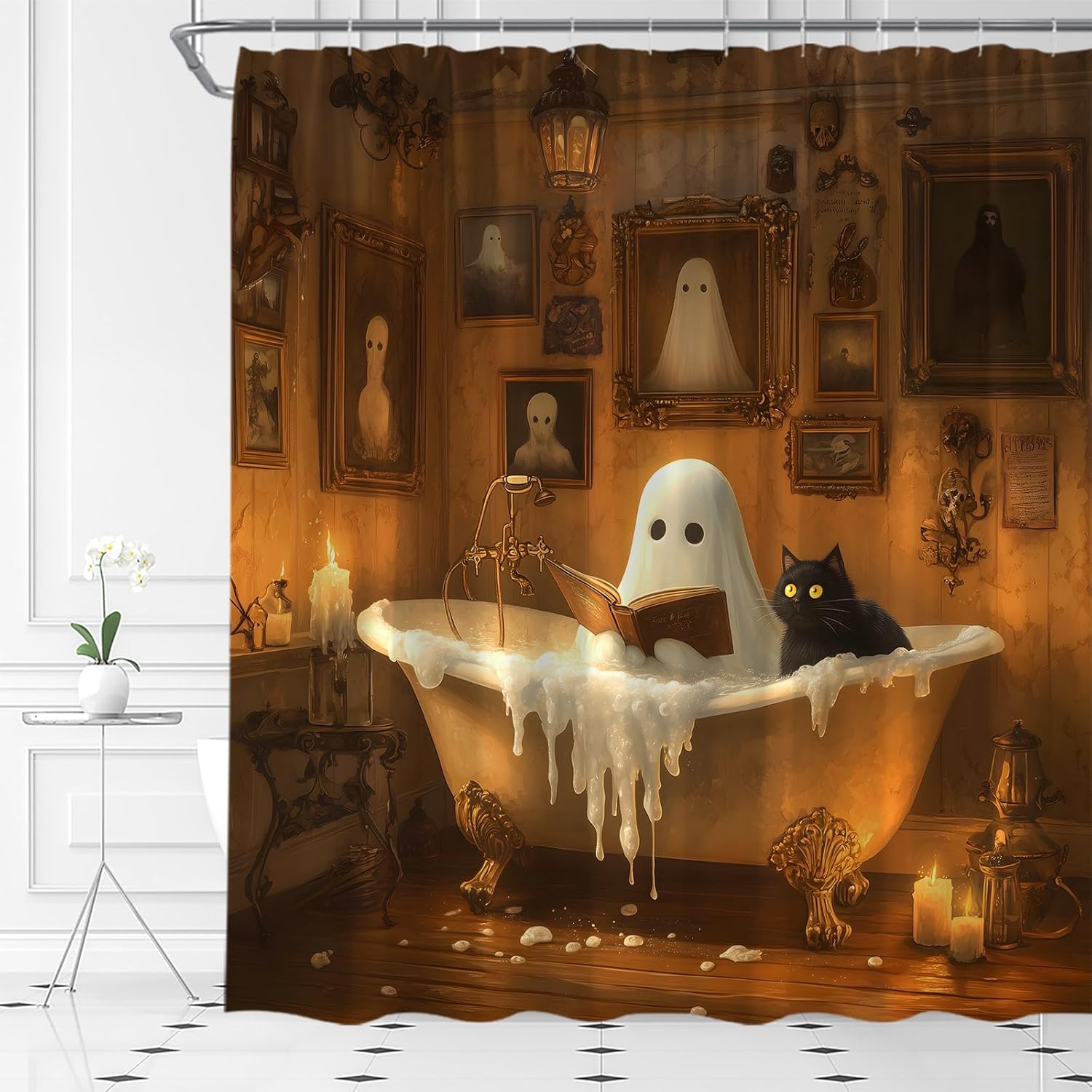 Spooky Halloween Shower Curtain Funny Ghost Black Cat Bathtub BubbleHorror Gothic Holiday Ambience Polyester Fabric Bathroom Decor Set with Hooks(70" Wx84 H)