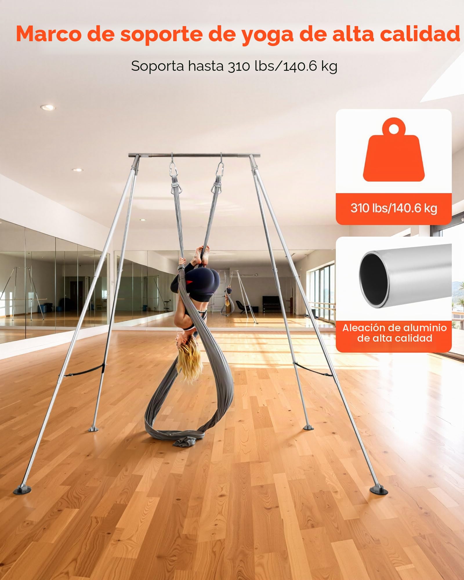 VEVOR Soporte de Yoga Aéreo, con Estructura Triangular, Carga Máxima de 140,6 kg, Aleación de Aluminio, Soporte para Telas Aéreas con Patas de Aluminio Ajustables en Altura, 3200 x 2780 x 3480 mm