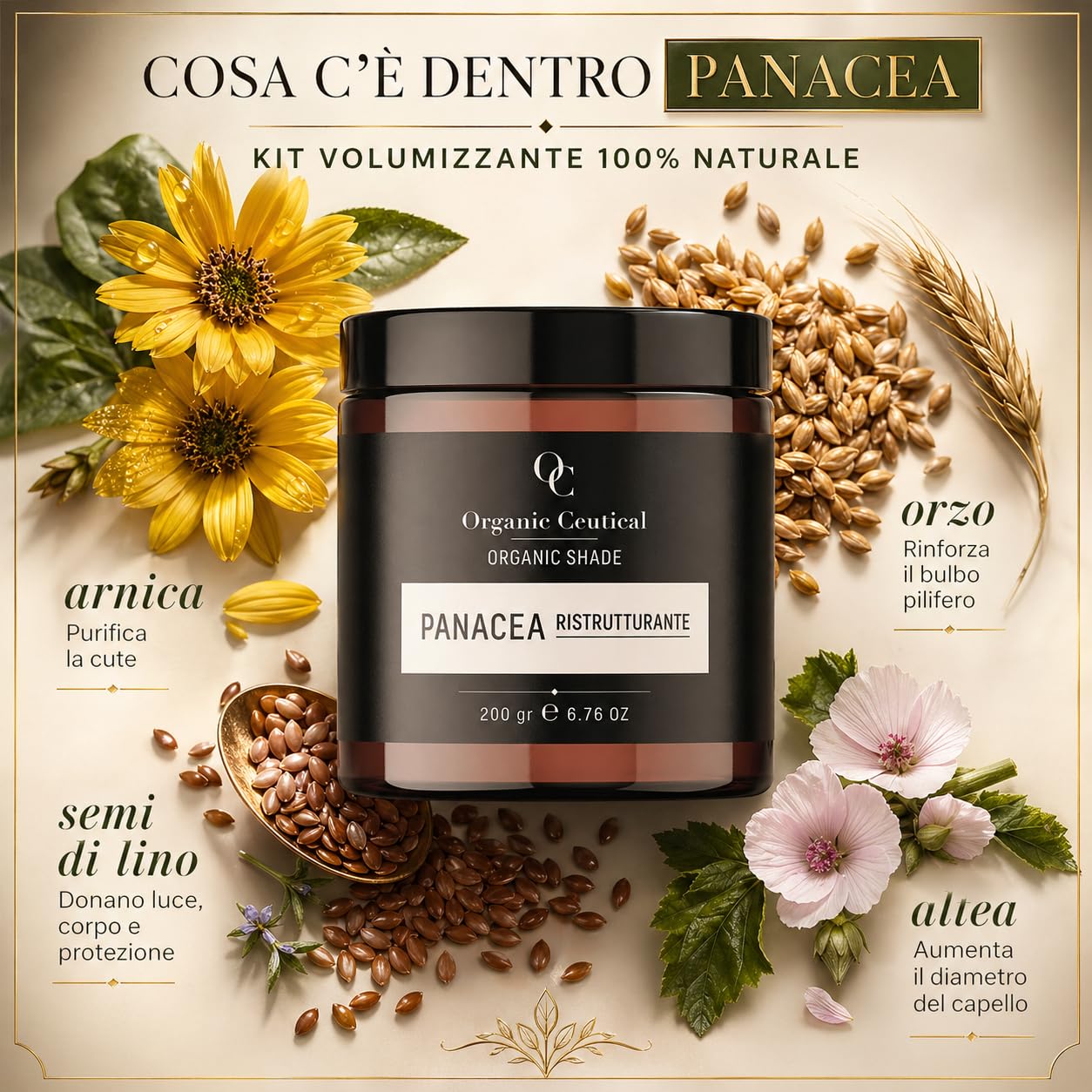 Panacea Impacco Ristrutturante Capelli 100% Naturale Made in Italy, Trattamento Volumizzante in Polvere con Altea, Semi di Lino, Soia e Arnica, Ricostruzione Capelli Danneggiati, 200 g