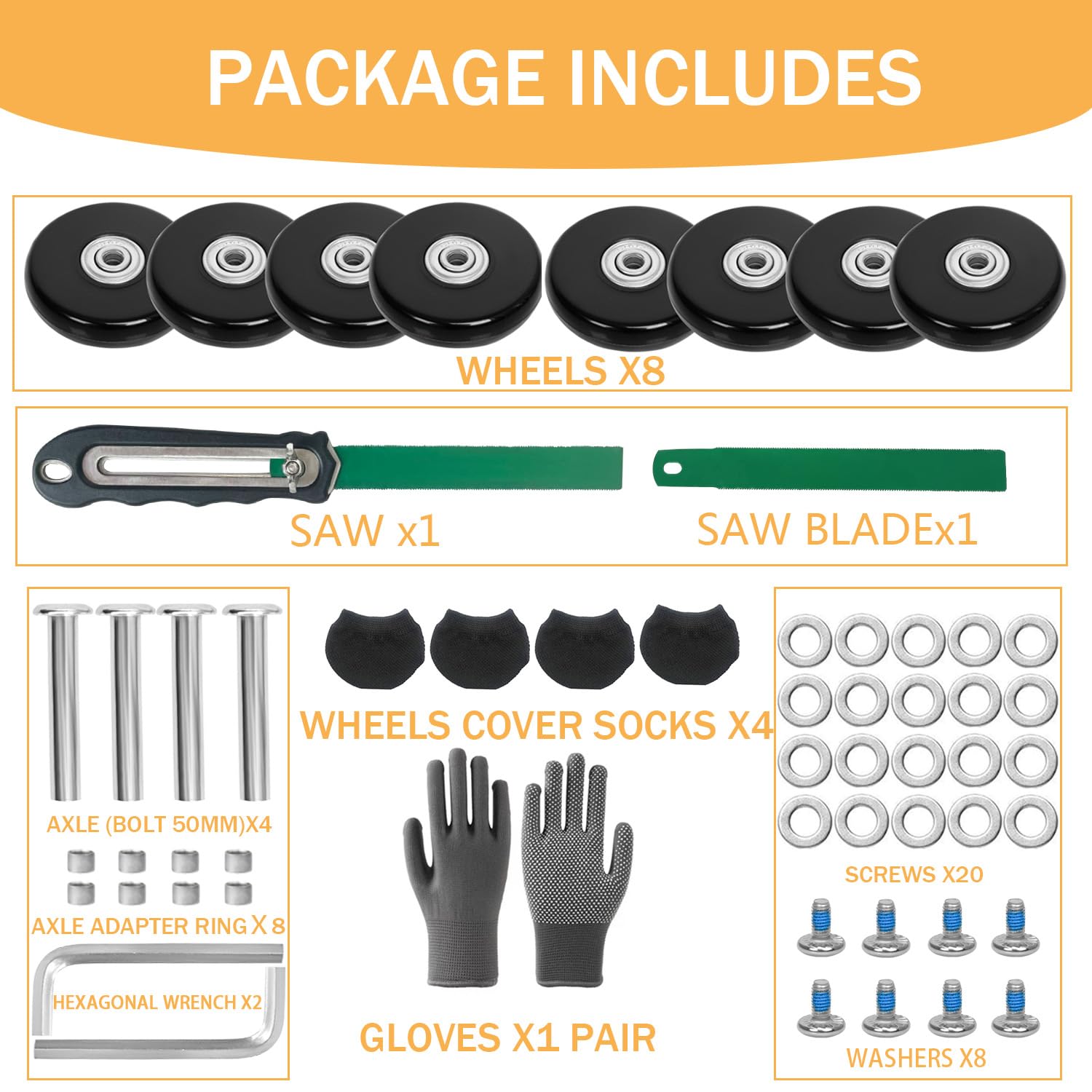 Luggage Replacement Wheels Set 8Pcs 2.13"x0.55"(54mmx14mm) with Saw &4Pcs Wheels Cover &Socks 1.97"(50mm) Axles Rubber Swivel Caster Wheels Travel Luggage Wheel Repair Kit for SuitcasesTrolley Bags