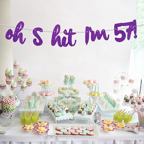 Miniatura 6 de Oh S*it I'm 57! - Pancarta de fondo con purpurina púrpura Hello 57 Cheers to 57 años de edad, decoración temática para niños y niñas, suministros de
