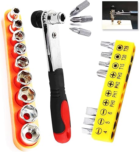 Juego de 20 llaves de vaso de 1/4 pulgadas, 9 piezas de 0.197-0.512 in + destornillador de doble cara + 10 piezas de destornillador de bolsillo,