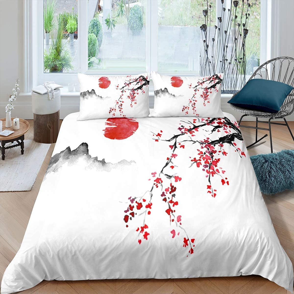 Funda Nordica Cama 135 150 Flores de Cerezo Japonesas, Microfibra Fundas Nordicas, Funda Nórdica Japón, Ropa de Cama 240x220 cm y 2 x Fundas de Almohada C-D569