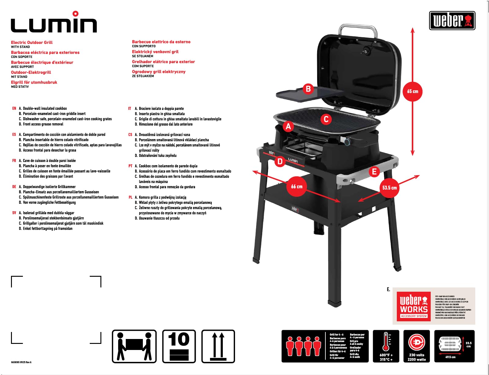 Weber Lumin Barbecue Elettrico 315°C Griglie Ghisa Smaltata Porcellana 33x49 cm Nero