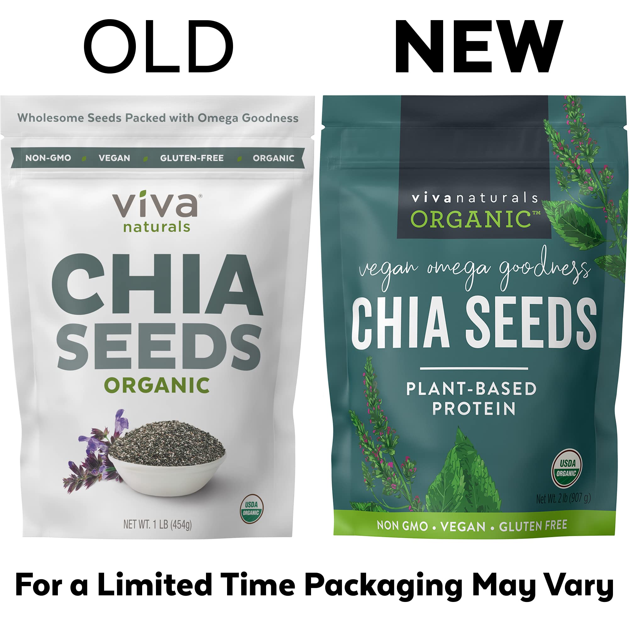 Viva Naturals Organic Chia Seeds 2 LBs - Plant-Based Omega-3 and Vegan Protein, Non-GMO Chia Seeds Organic Perfect for Smoothies, Salads and Chia Seed Pudding, Black Chia Seeds Bulk