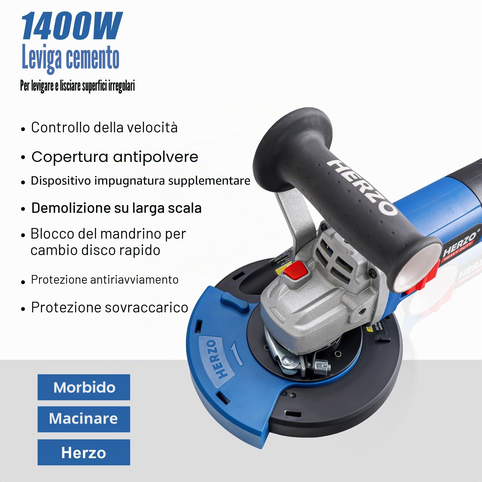 HERZO Smerigliatrice per calcestruzzo, set con mola diamantata e cappa di aspirazione, 1400 W (125 mm)