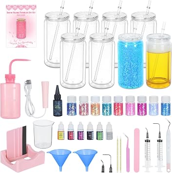 8 Pack 16 Oz Acrylic Snow Globe Tumbler Supplies Starter Kit, Double Wall Plastic Pre-Drilled Snowglobe Tumbler Cup Tool Set, Including Squeeze Bottle Cup Cradle and Scraper etc.
