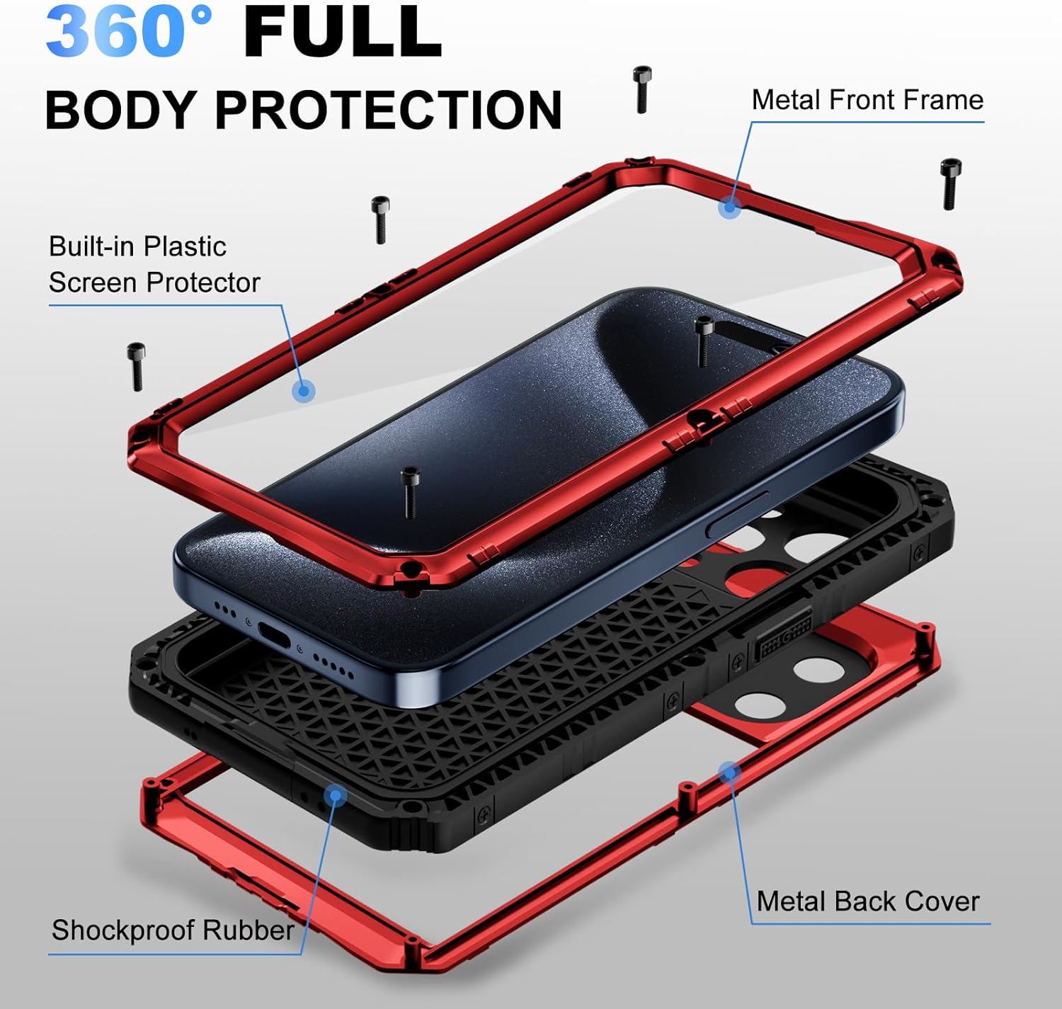 Beasyjoy per iPhone 15 Pro Max impermeabile, custodia in metallo con protezione per lo schermo integrata, protezione completa per tutto il corpo resistente_voghion.com