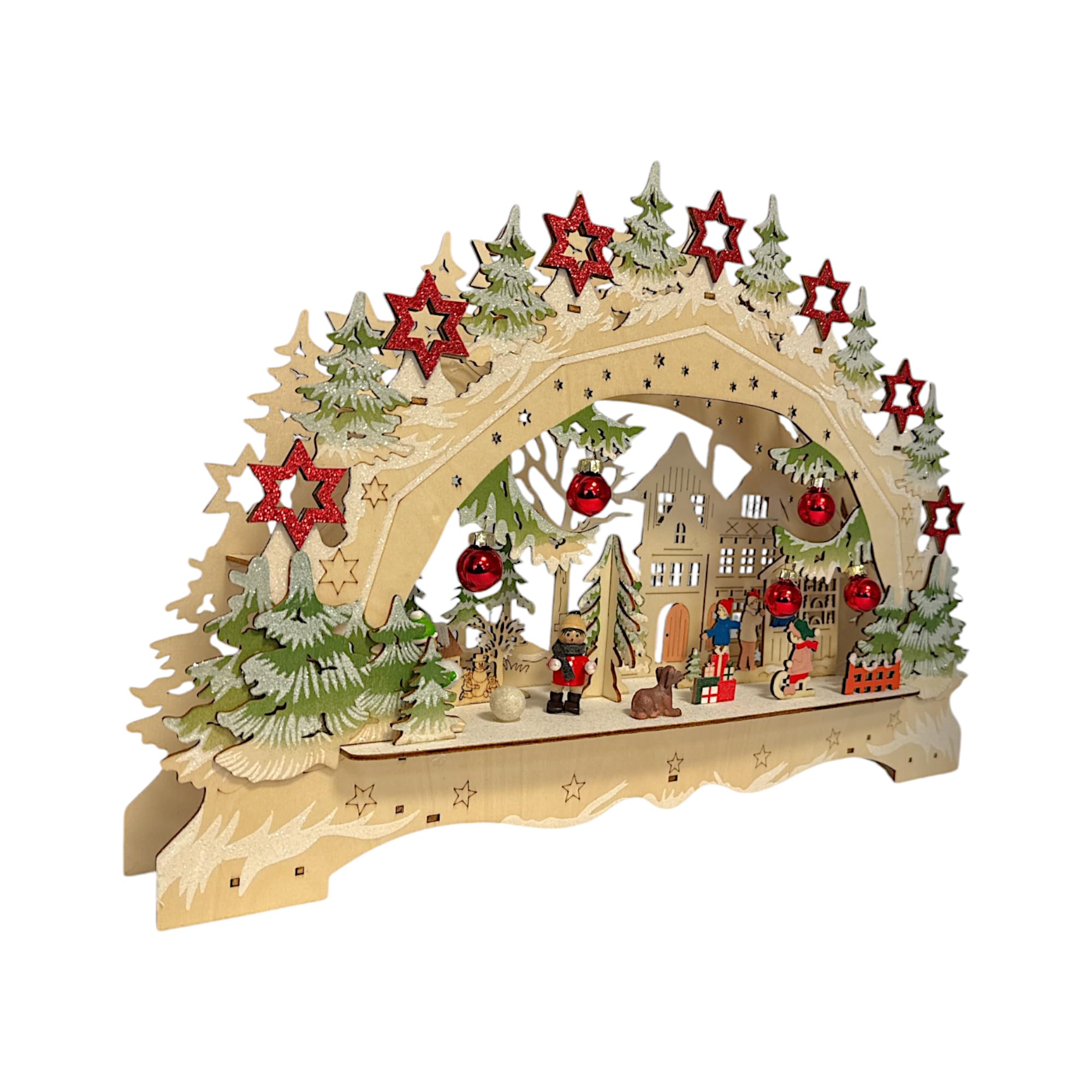 Wichtelstube-Kollektion LED Schwibbogen Weihnachtsmarkt Lichterbogen Weihnachten beidseitig bemalt Schwippbogen Echtholz batteriebetrieben mit integrierten Timer 45cm