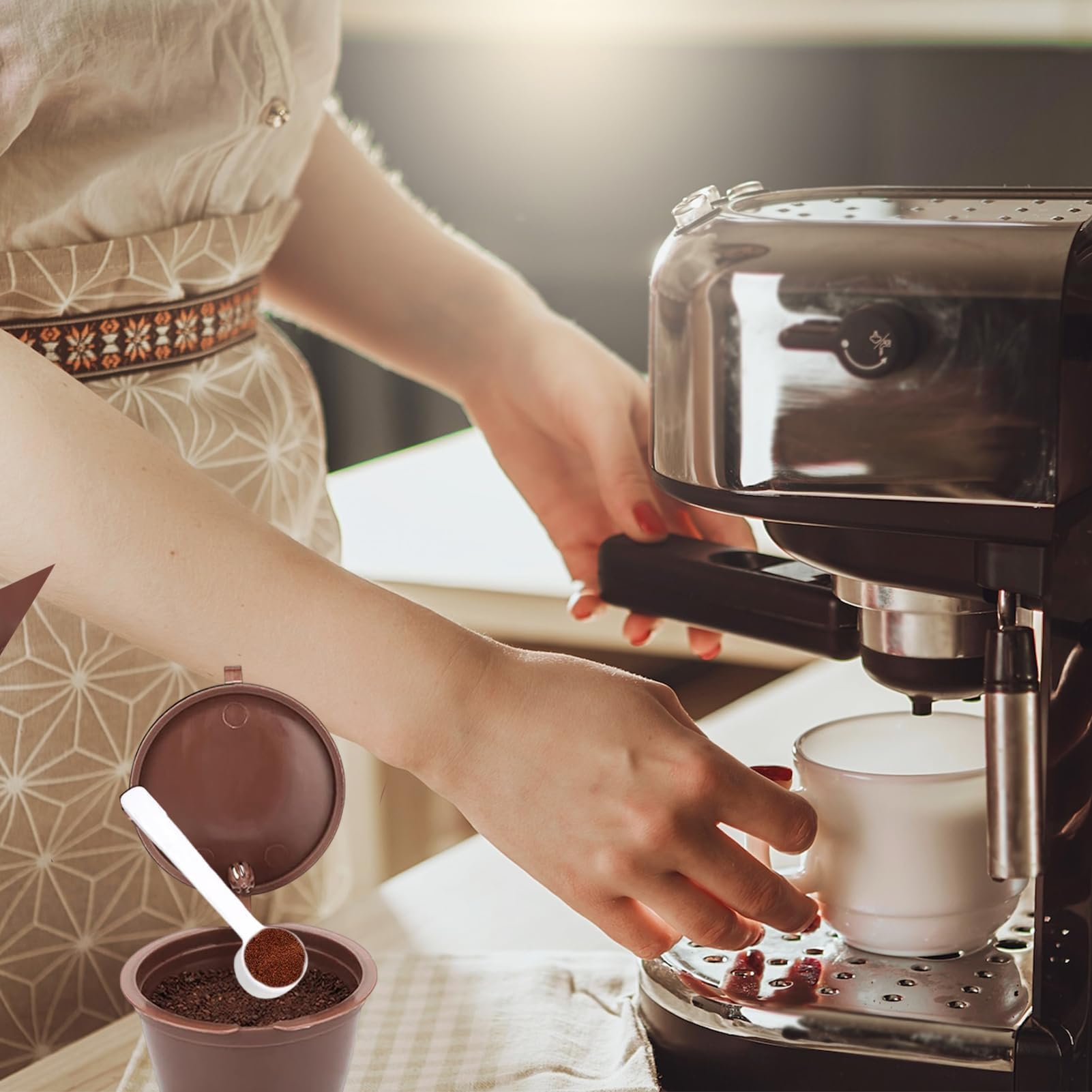 6 kapsułek do kawy wielokrotnego użytku, kapsułki wielokrotnego użytku, do Dolce Gusto, kapsułki wielokrotnego użytku, do Dolce Gusto, ekologiczne napełnianie, 2 szczotki do czyszczenia i 2 łyżki