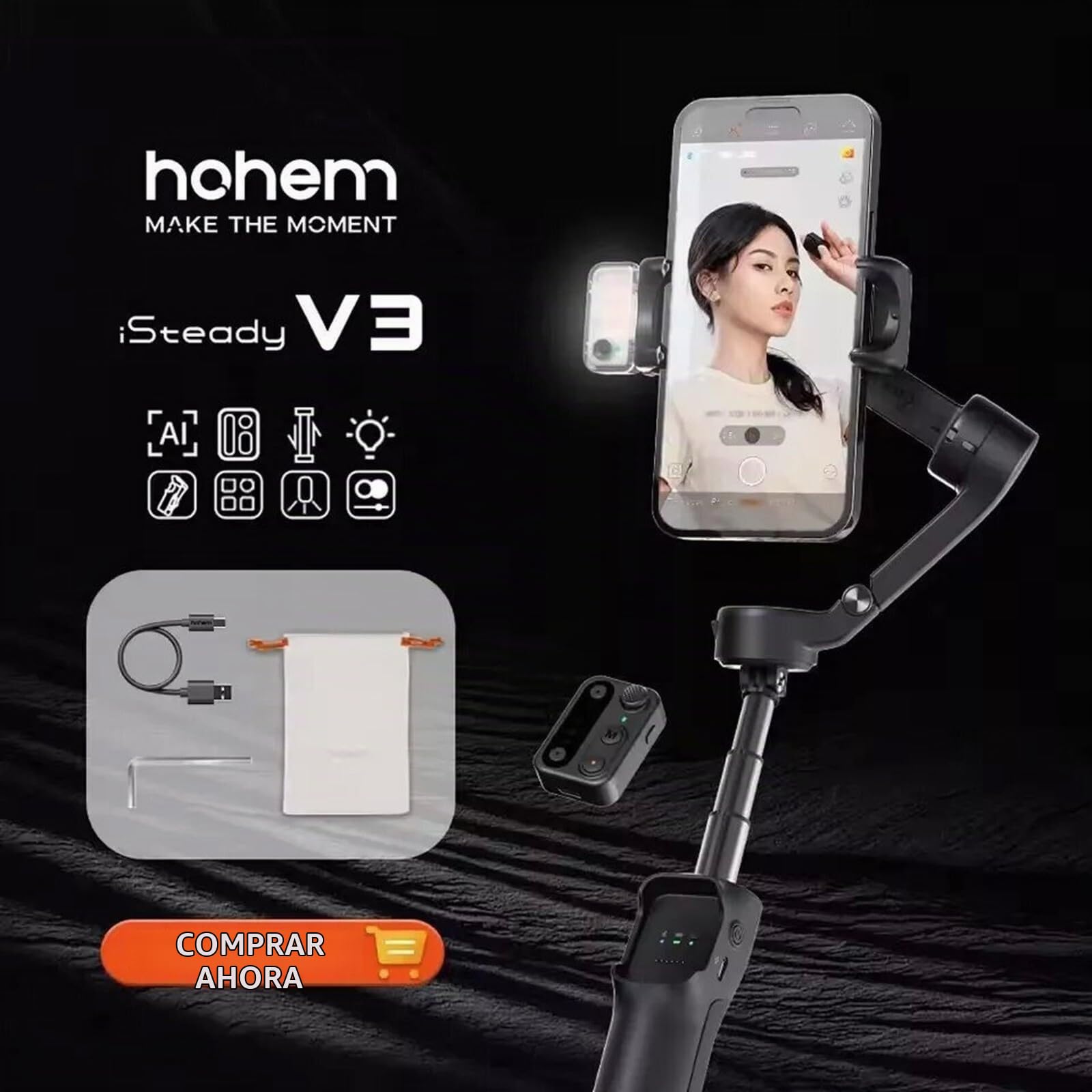 Hohem iSteady V3 Gimbal para Móvil de 3 Ejes, Estabilizador para Móvil con Seguimiento AI Magnético, Control Remoto Desmontable, Vástago Telescópico Integrado y Trípode, Gimbal para Smartphone(Negro)