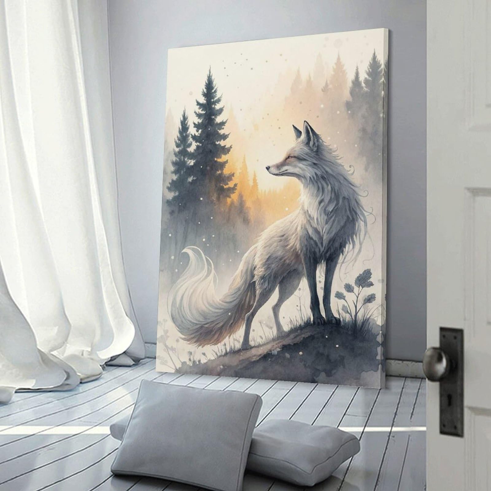 Junmoney White Fox in Misty Forest Decorative Canvas Print, 08x12inch(20x30cm), for Gallery Wall Decor And Room Displays, Wall Decor Suited to Curated Displays