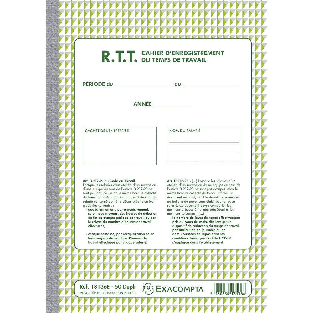 Exacompta - Ref. 13136AE - 1 Manifold R.T.T Recording of working time - 50 numbered carbonless sheets in 2 copies (1 original + 1 copy) - A4 format - made in France