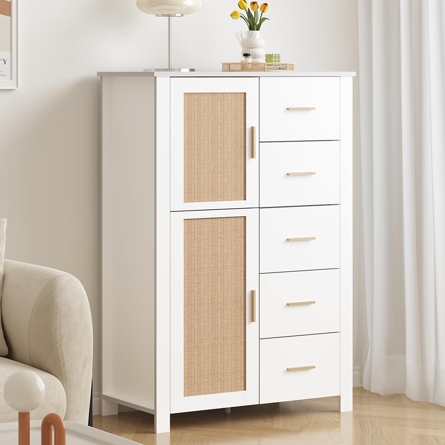 IBF Rattan Storage Cabinet, Farmhouse Sideboard Buffet Cabinet with Door and 5 Drawers, Freestanding Pantry Organizer with Shelves for Kitchen, White Wood Storage Organizer for Living Room, Entryway