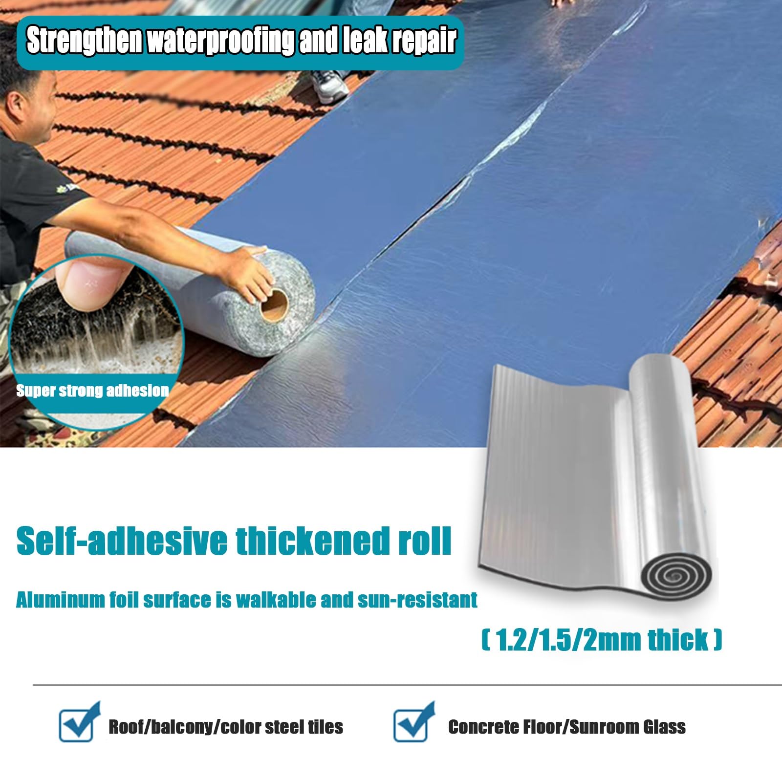 Cinta autoadhesiva para reparación de techos de asfalto, sello impermeable para cobertizos, canalones, ventanas, puertas, fuerte adherencia, 1.5 mm de grosor, 1.5 m x 7.9 m