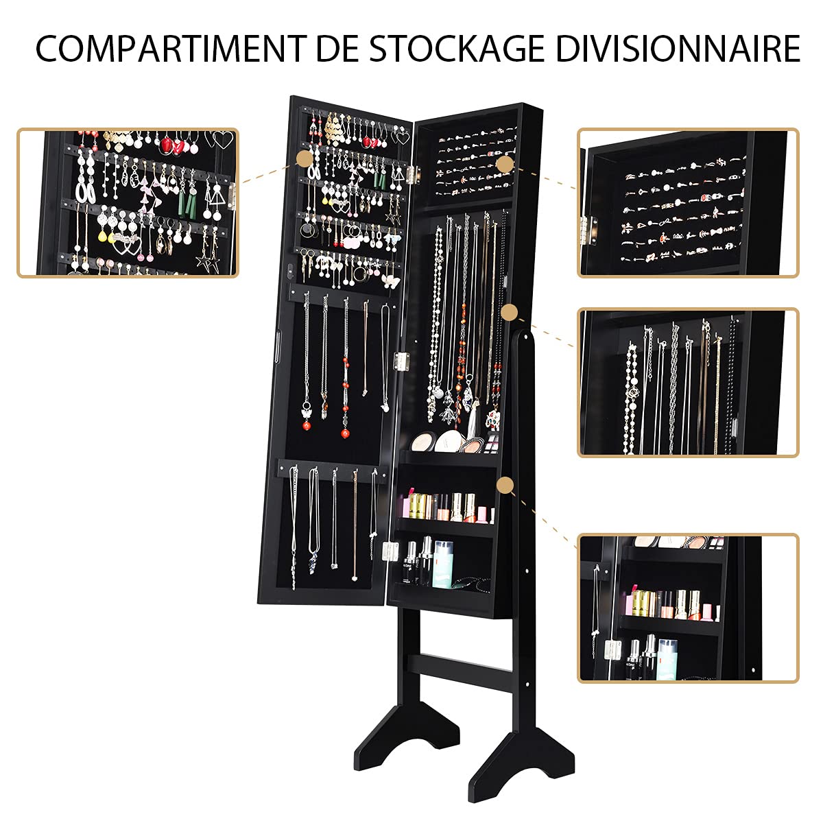 COSTWAY Armoire à Bijoux Verticale avec Miroir Clair Pleine Longueur et Angle Légèrement Réglable, Système de Triage et de Rangement pour Tout Type de Bijoux (Noir)
