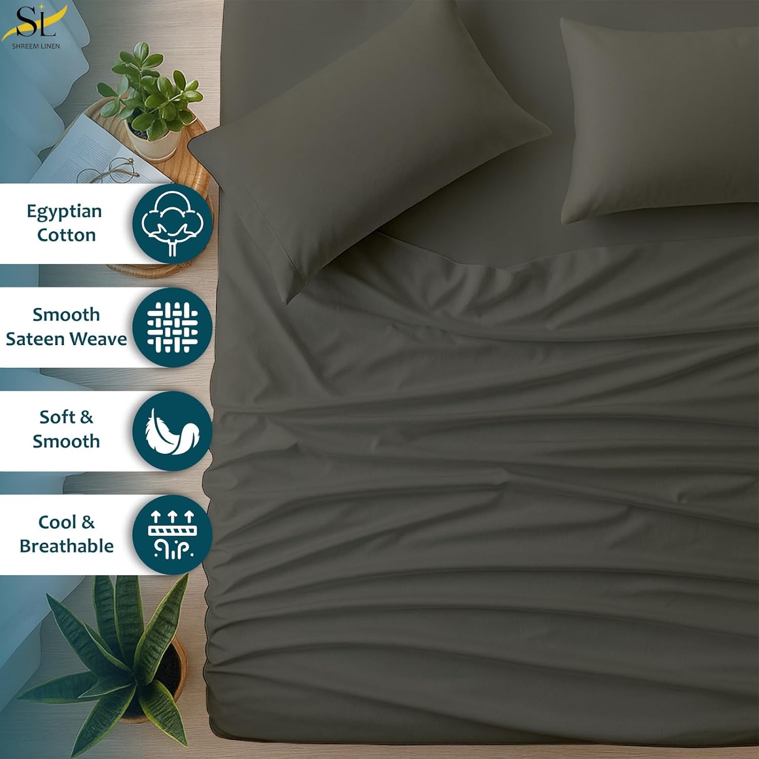 Shreem Linen RV Bunk XL Sheets 42x80, 100% Egyptian Cotton 4-Piece Camper Bedding Set, Fits 10-12" Deep RV Mattress, Dark Grey