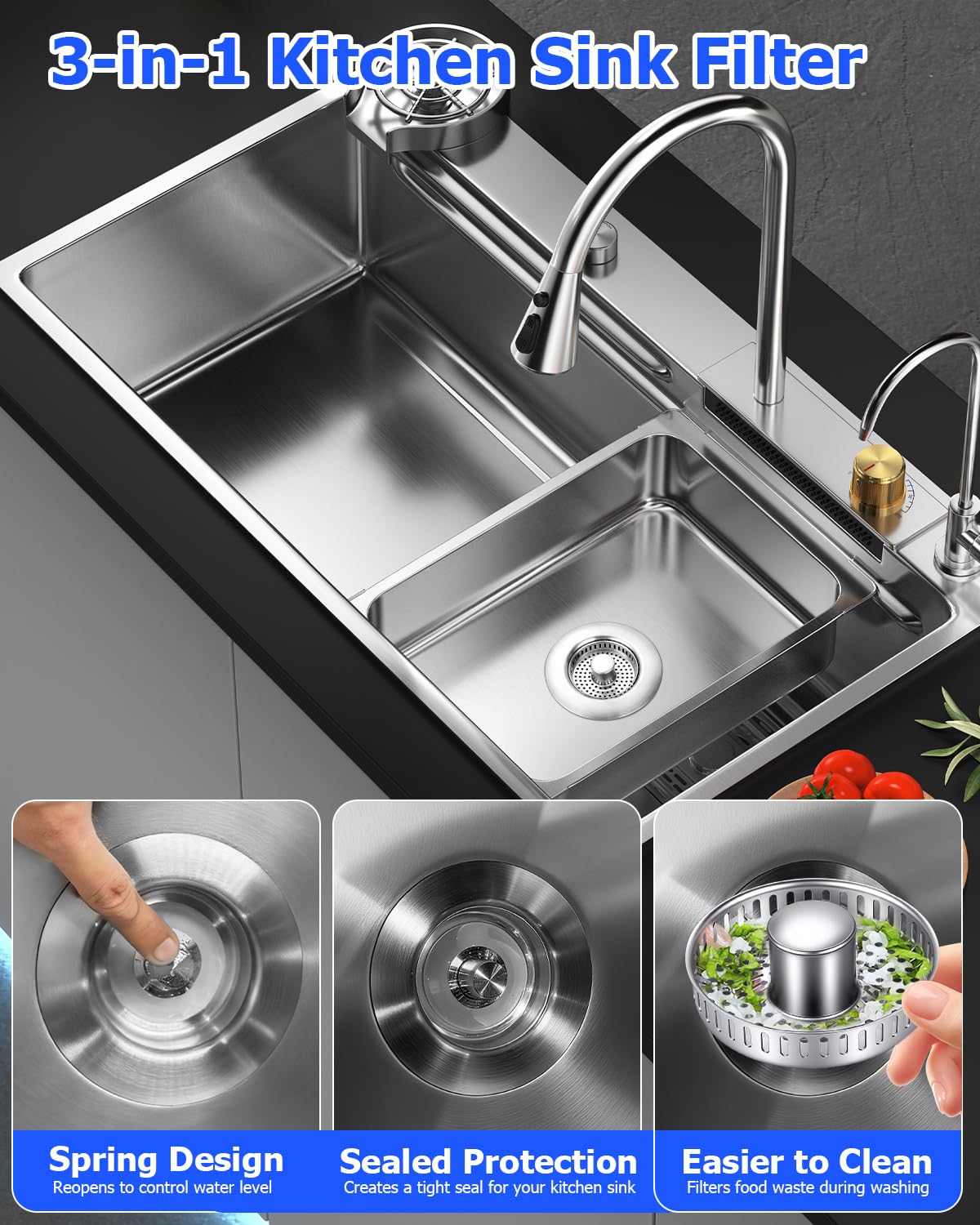 3 en 1 Colador de Fregadero de Cocina, Tapon Fregadero Cocina para Profundidad > 37 mm y Orificio de 75 – 87 mm, Filtro Fregader Cocinas Acero Inoxidable 304, Tapón de Desagüe con Colador