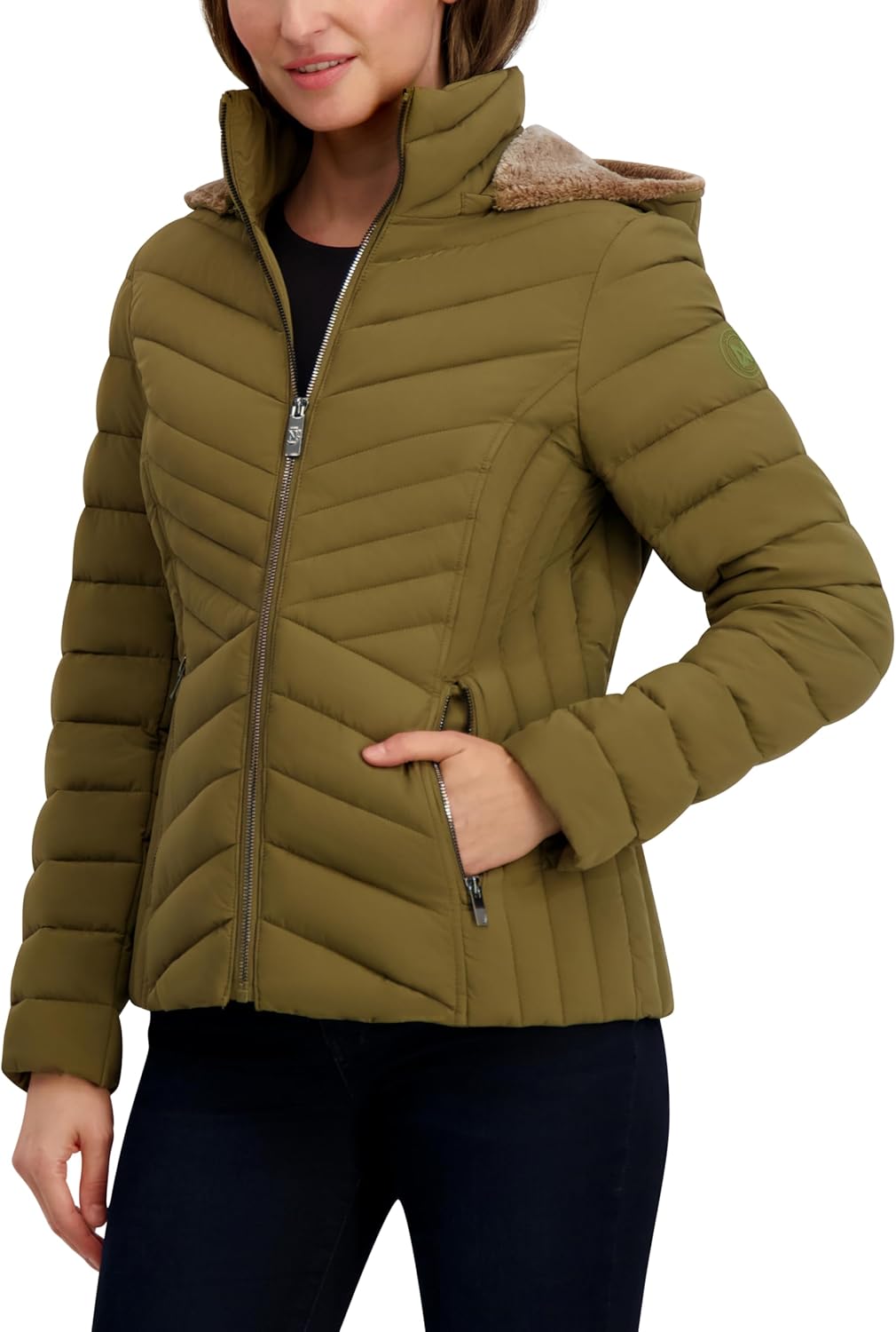 Nautica Women's Stretch Puffer Jacket –detachable Faux Fur Hood Midweight Water-resistant Coat