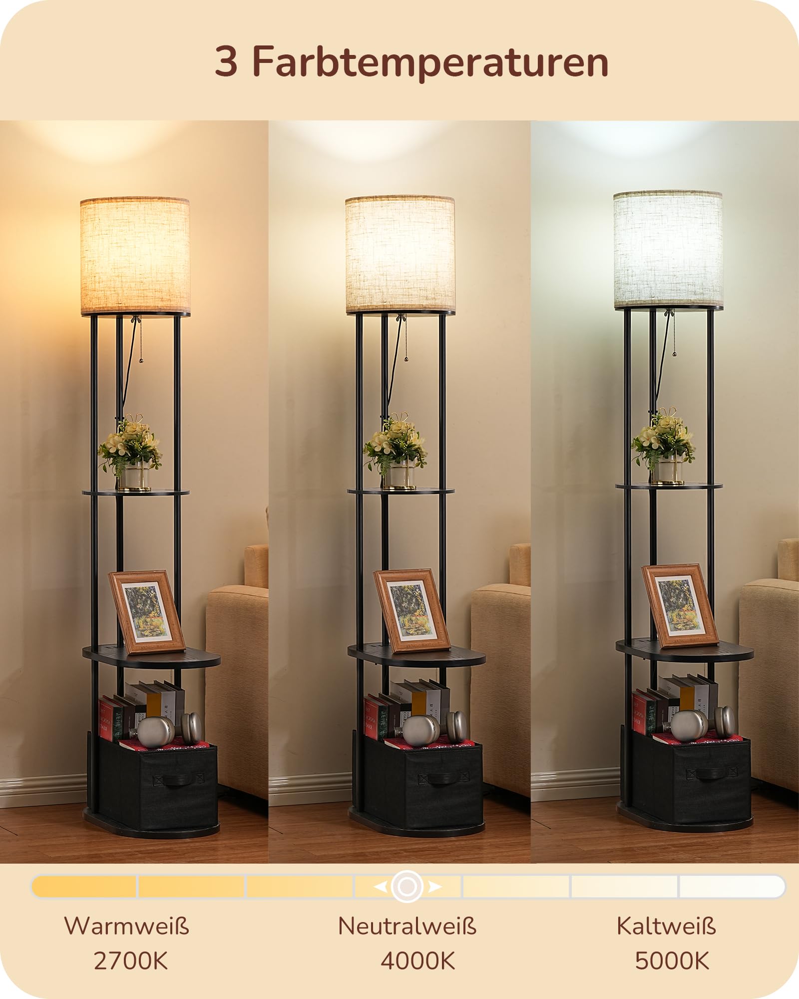 EDISHINE Stehlampe Wohnzimmer, mit Regal, Aufbewahrungskorb & USB-A+C | Inkl. Leuchtmittel, 3 Farbtemperaturen, 165 cm LED-Stehleuchte mit Ladestation, ideal für Schlafzimmer und Büro