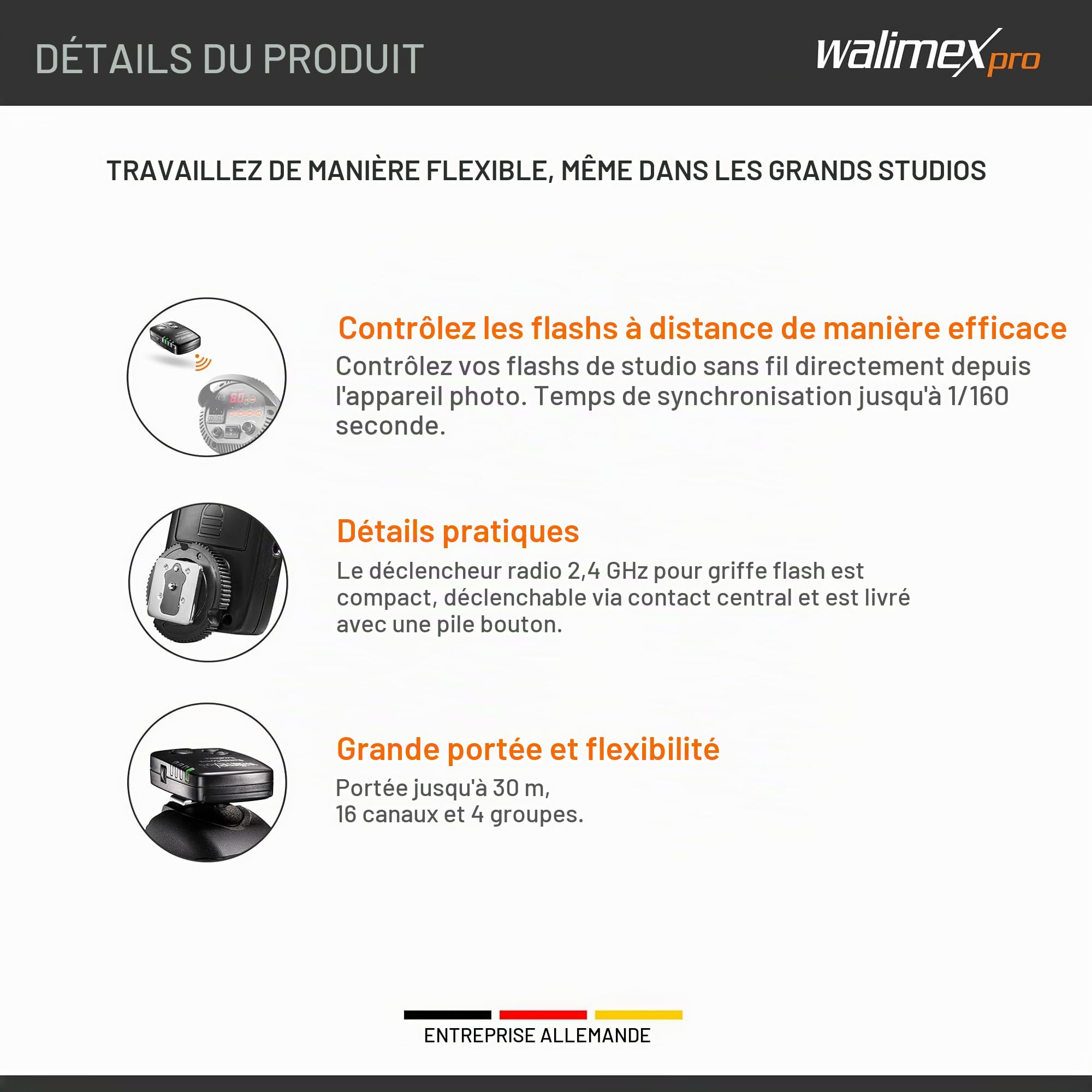 Walimex pro VE & VC & newcomer studio flash trigger - Télécommande sans fil jusqu'à 30 m, 16 canaux, 4 groupes, synchronisation 1/160 sec - Parfait pour les grands studios et les déplacements rapides
