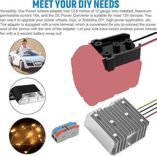 Miniatura 2 de Convertidor de corriente CC y adaptador de rueda de alimentación con fusible e interruptor para batería, convertidor de CC reductor de 18 V a 12 V,