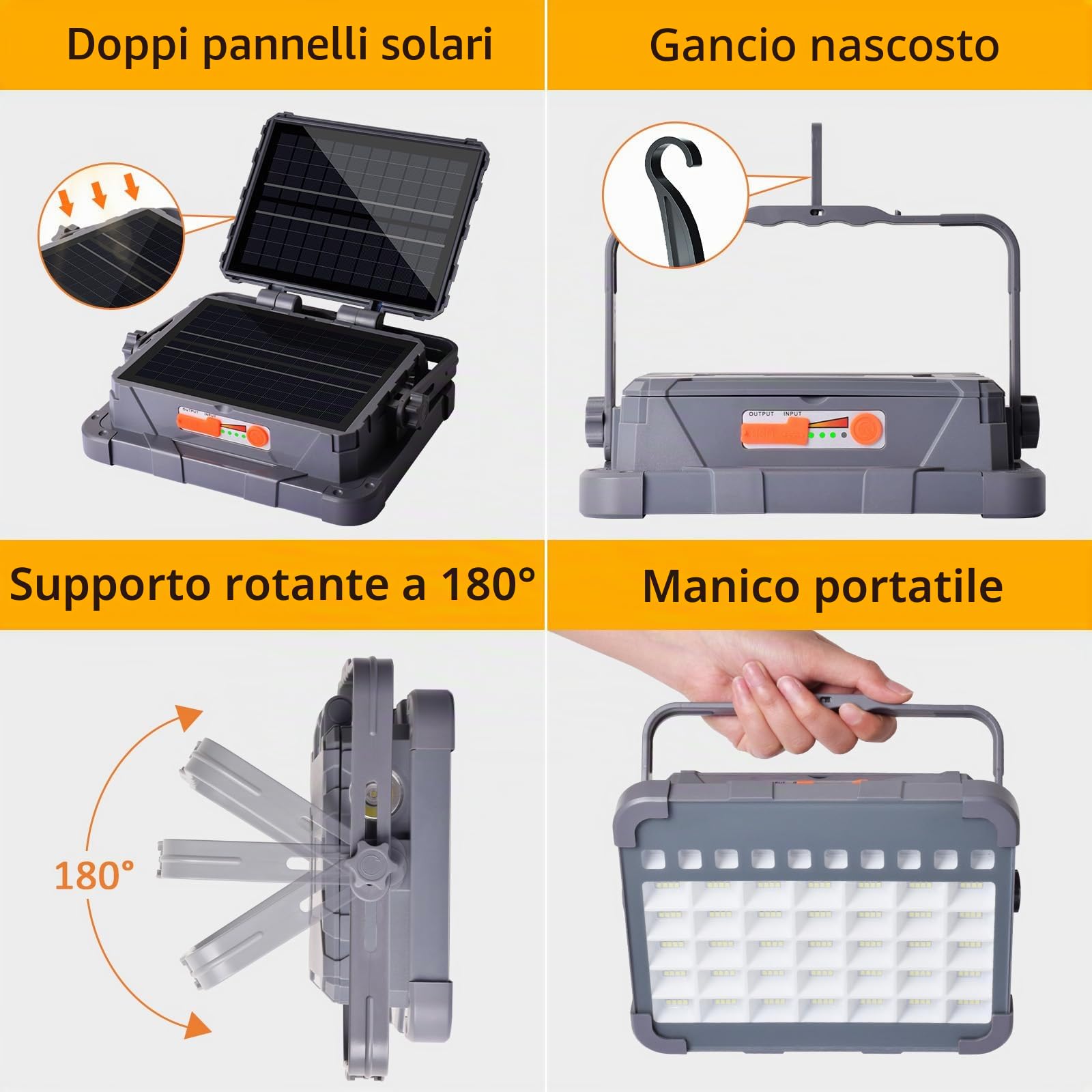 MASMEJOR Faro LED Ricaricabile 100W, Faretto LED Ricaricabile 10000LM 15000mAh con Doppi Pannelli Solari, Funzione Torcia, 5 Modalità, Faro a Batteria Ideale per Campeggio, Lavoro, Pesca