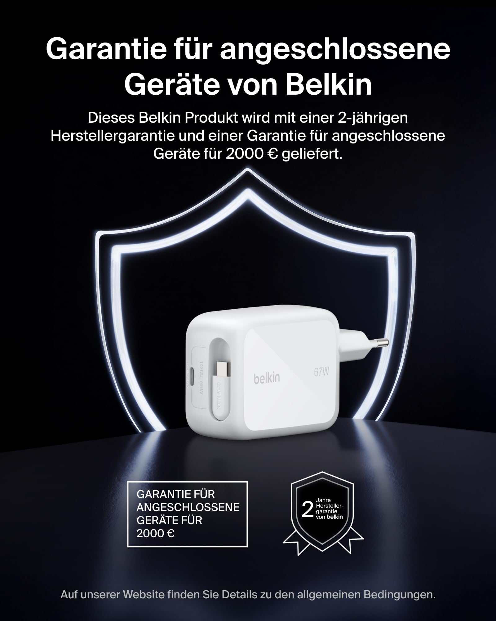 Belkin USB C Ladegerät 67W mit Einziehbarem 1 m USB-C-Kabel + USB-C-Anschluss, GaN iPhone Schnellladegerät, USB Adapter für die Serien iPhone 17, 16, Galaxy S26, AirPods, Tablets, MacBook, Chromebook