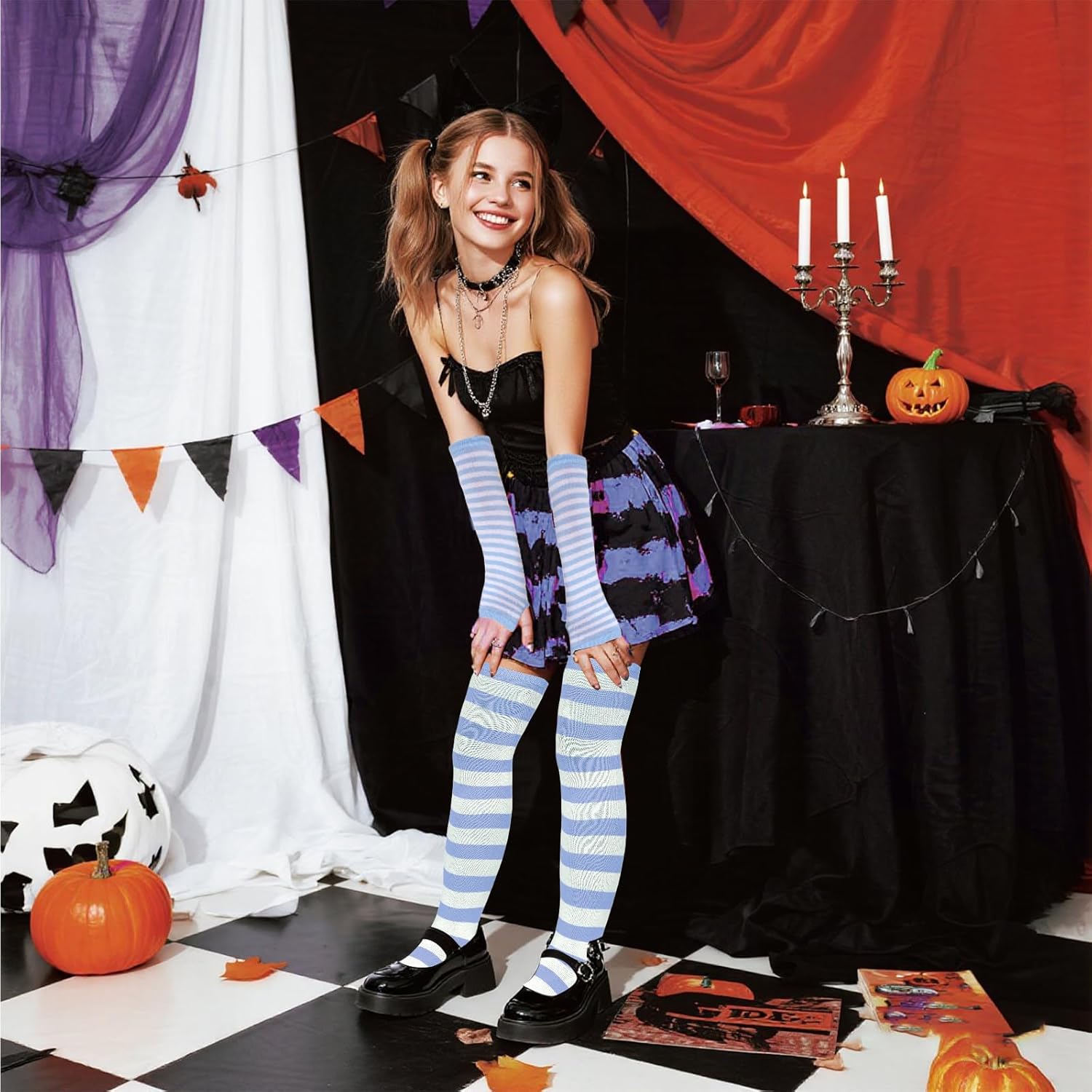 Tongcloud Women's Striped Knee High Socks, Over Knee Thigh High Socks, Arm Warmer and Fingerless Gloves Set (US, Alpha, One Size, Regular, Regular, Light Blue and White) - Image 5