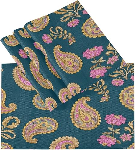 Miniatura 3 de Juego de 6 manteles individuales de arpillera de arpillera para debajo de los platos, diseño retro de moda, estampado de cachemira dorado y cian, de