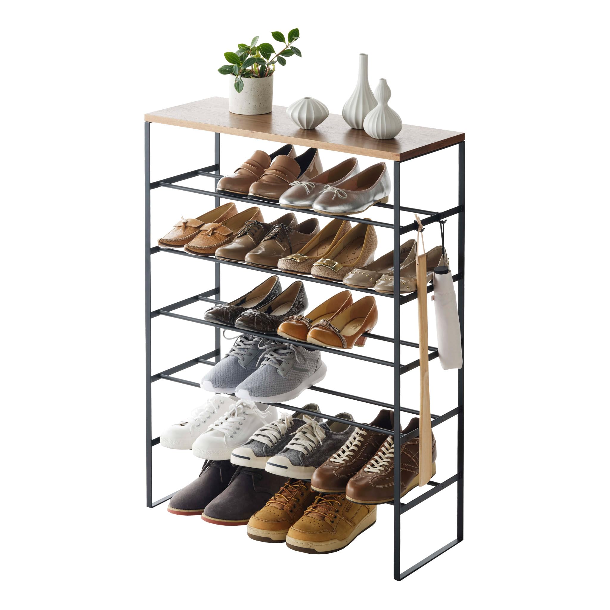 YAMAZAKI 3370 Tower 6~Tiered Wood~Top Shoe Rack, Black, Steel/Wood, 66 x 25 x 87 cm