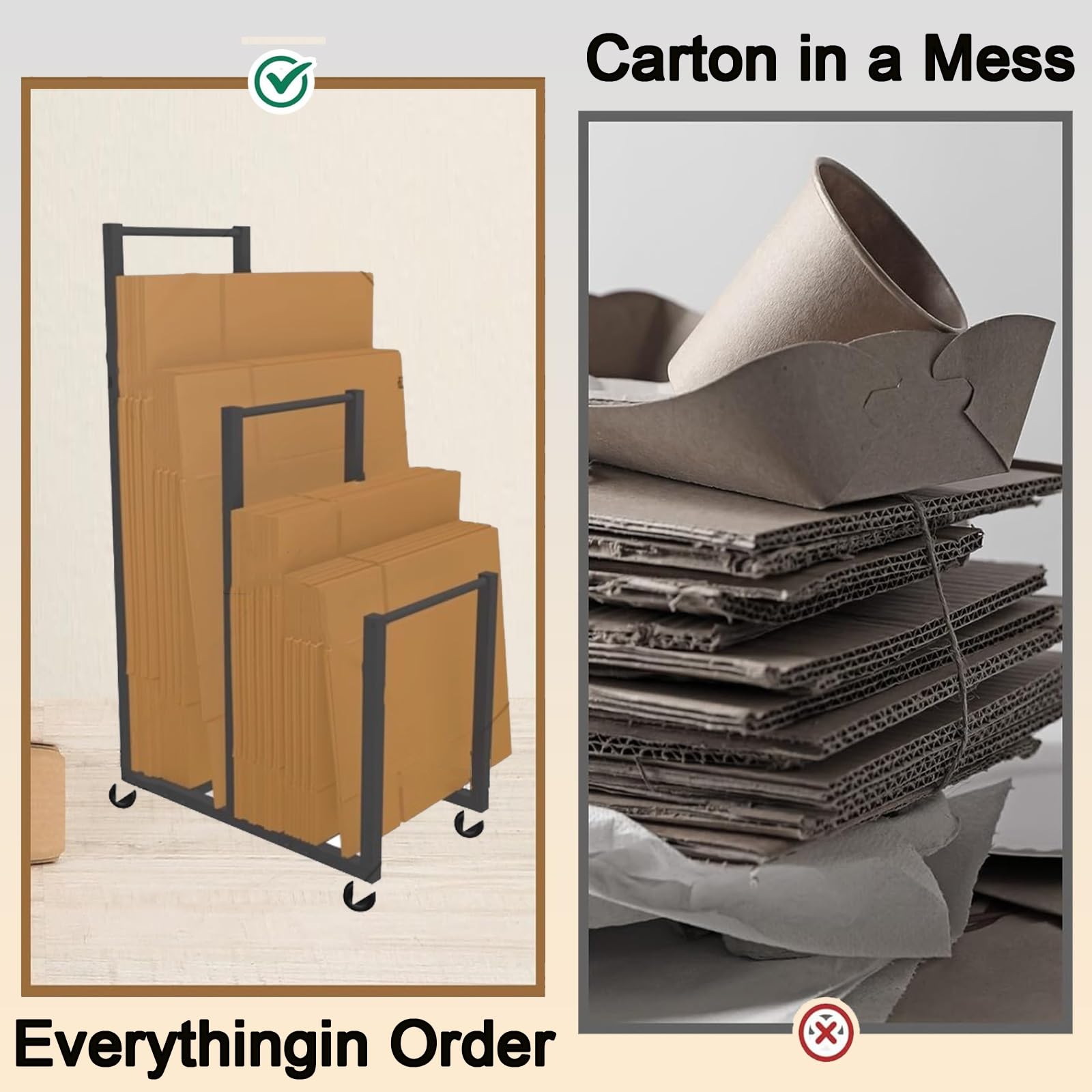 Tragbares Cartonrage-Rack mit Lenkrollen, Karton für Lager und Umzug, schwarzer Eisen-Präsentationsständer (35 x 65 x 105 cm, für 30–60 Boxen)
