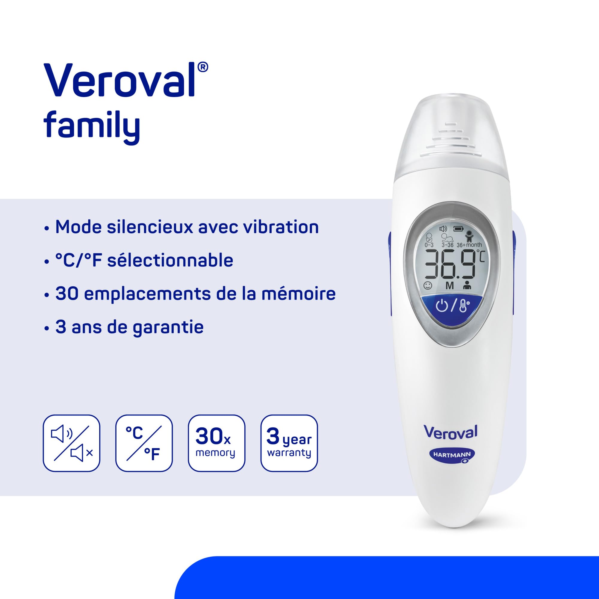 VEROVAL family - Termometro a infrarossi per orecchio e fronte per una rapida misurazione della febbre, ideale per adulti e bambini
