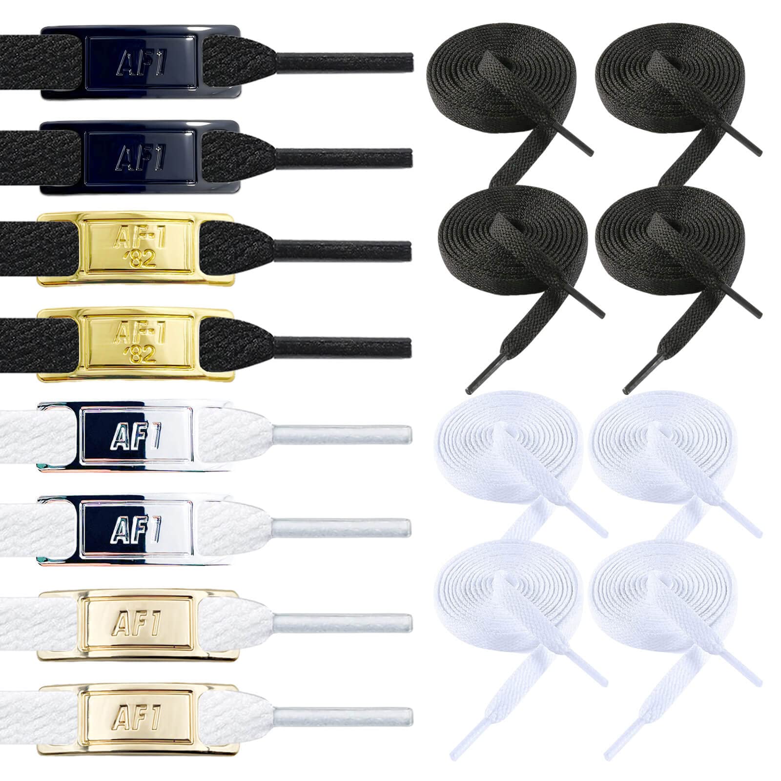 Shoe Lace Charms for Air Force 1 Laces, 4 Pairs of Original Sneakers Replacement Metal Lace Tag and Black White Shoe Laces String, Adult Teen Personalized Decoration Buckle Kit for AF1 Shoelaces