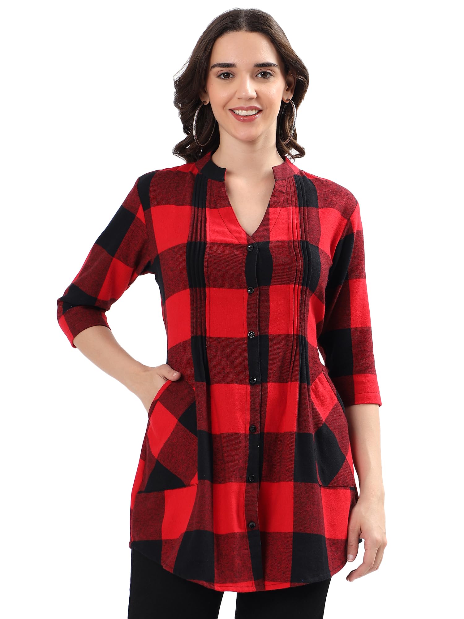 Women Checked Long Tunic Kurti Top with Button Front | Casual-image-7