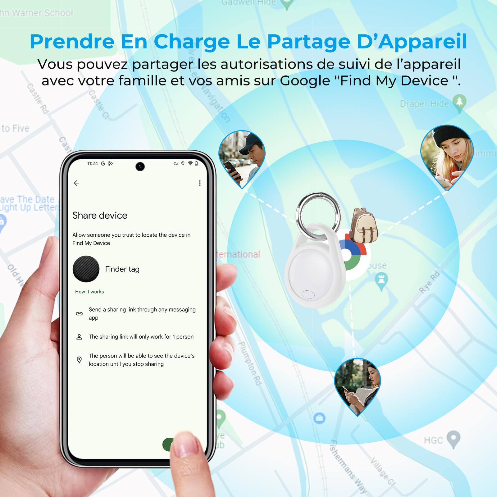 Tag Traceur Android, 1 Pièce Tag Localisateur D'Objets Avec L'application Google Find Hub Device (Android Uniquement) Smarttag Étanche IP67 Pour Clés, Bagages, Sacs & Enfant