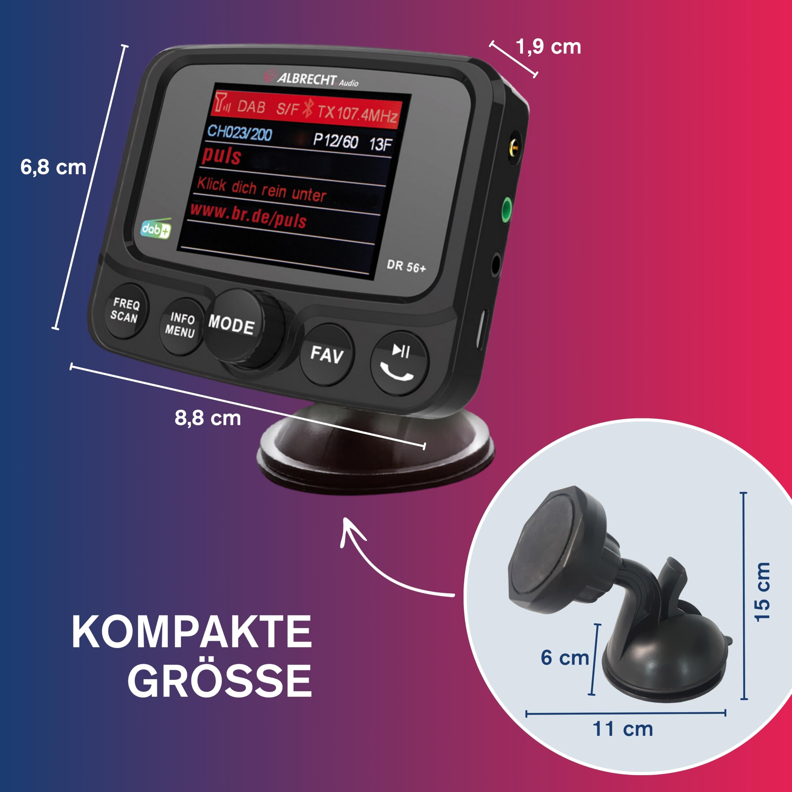 Albrecht DR 56+ DAB+ Adapter zum Aufrüsten von Auto-Radios mit TFT Display, 27256, mit FM-Transmitter für Musik-Streaming über das Handy, schwarz