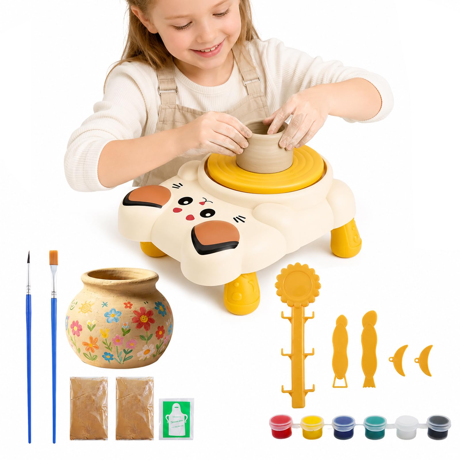 Pottery Wheel for Kids, Complete Pottery Painting Kit Arts and Crafts for Kids Ages 6-12, Kids Pottery Wheel Kit with 2 Pack Air Dry Clay Art Supplies for Boys Girls Christmas Birthday Gift (Beige)