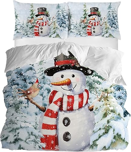 Miniatura 1 de HuHuBubble Juego de funda de edredón de árbol de pino de muñeco de nieve de Navidad, tamaño Queen, juego de ropa de cama ligera y suave de 3 piezas,