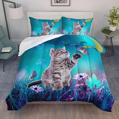 AILONEN Juego de ropa de cama de tamaño individual con gato sentado en la luna y medusas para niños y niñas, juego de edredón suave y transpirable