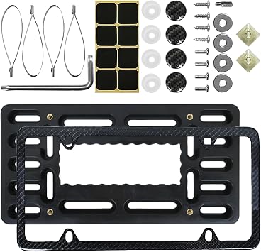 Car Front License Plate Mounting Kit, Aluminum Front Bumper License Plate Bracket with Screws Caps, No Drilling Hole Vehicle Tag Frame Holder Adapter for Truck, Trailer Carbon Fibre